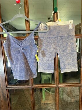 Better Be Blue‎ Acid Wash Ribbed Cami & Biker Shorts Matching Set Seamless NEW